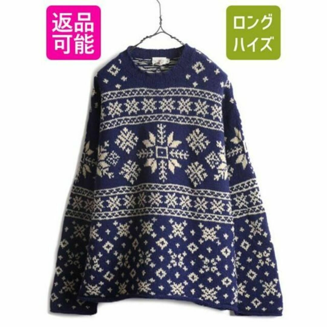 90s J CREW ノルディック ウール ニット セーター 総柄 紺 XL