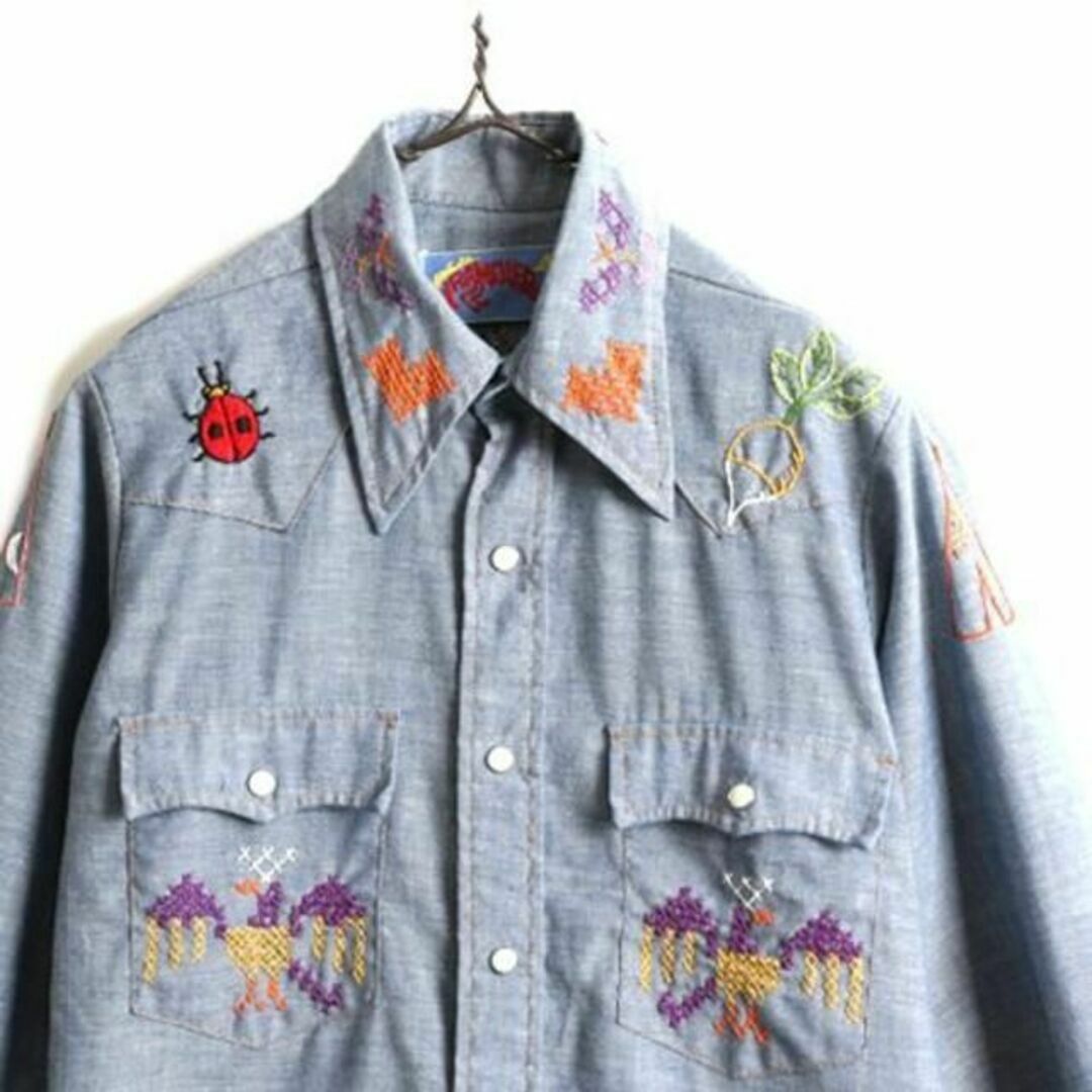 70s USA製 ラングラー 刺繍 シャンブレー ウエスタン シャツ 70s USA製 ラングラー 刺繍 シャンブレー ウエスタン シャツ