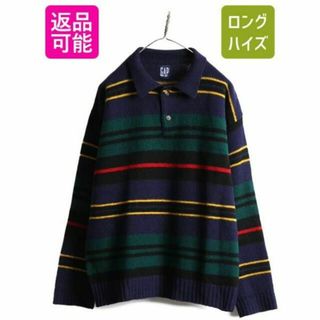 90s OLD GAP ボーダー ウール ニット ポロシャツ M セーター 紺(ニット/セーター)