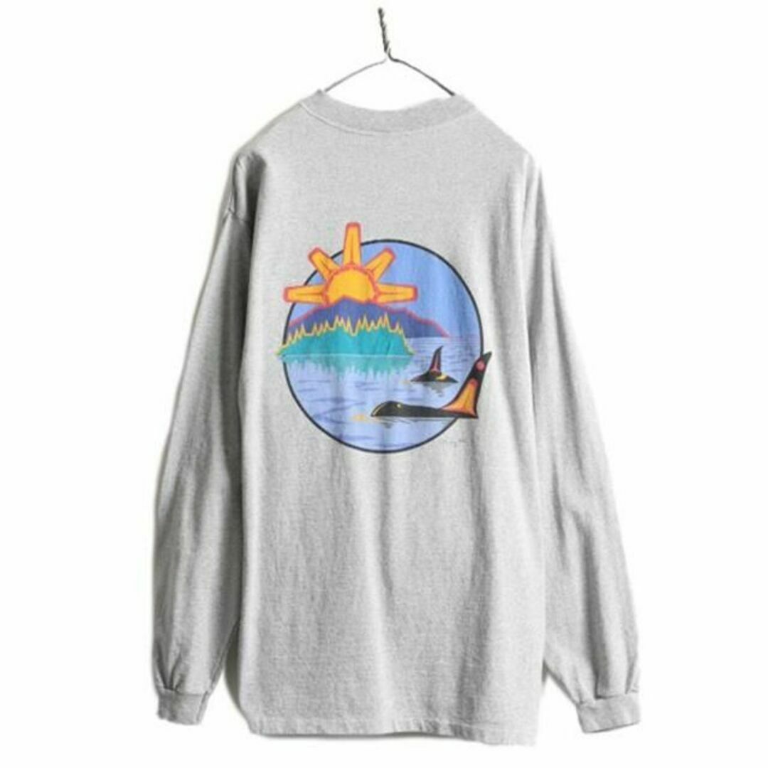 90s 企業 アート 両面 プリント 長袖 ヘンリーネック Tシャツ L 杢灰 6