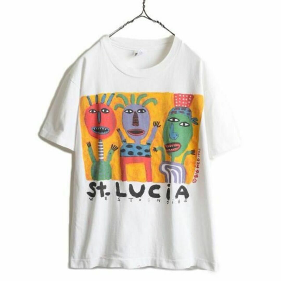 90s USA製 BIG HED アート プリント 半袖 Tシャツ M  白 1