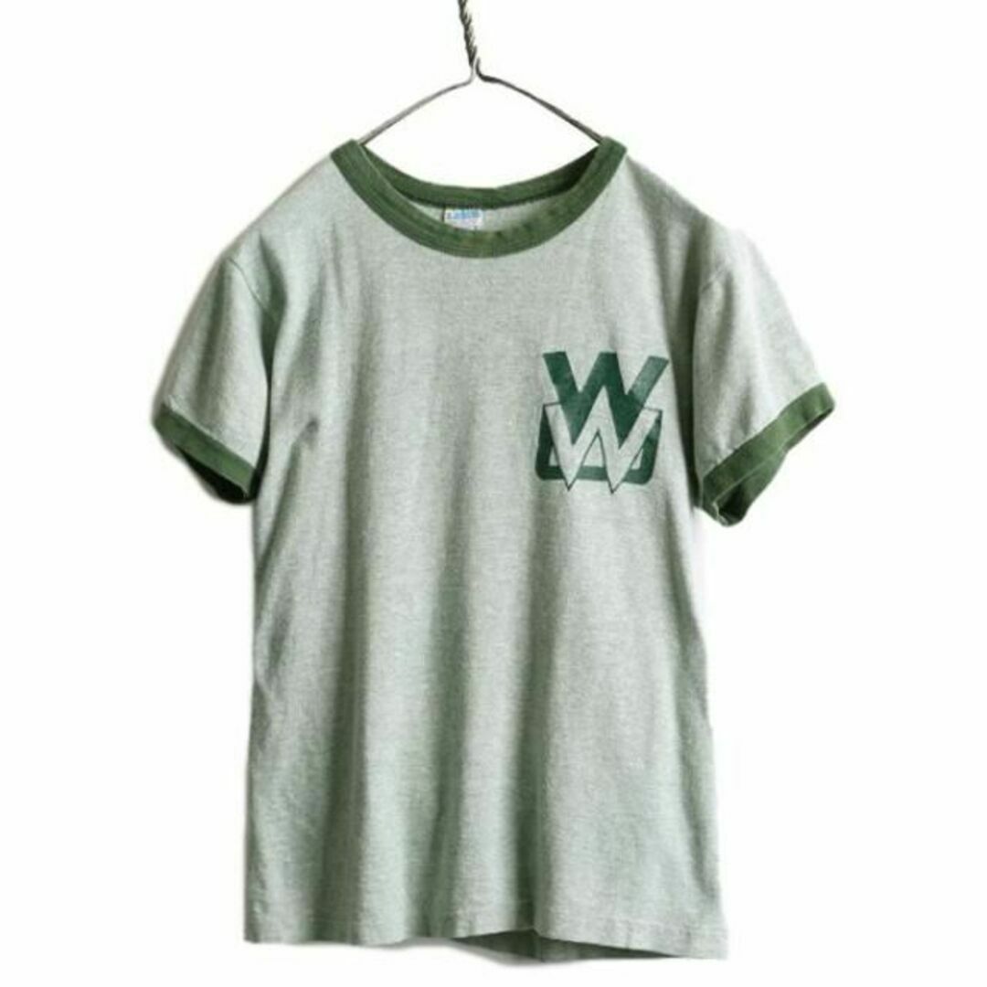 70s バータグ チャンピオン 88 12 プリント リンガー Tシャツ M 緑