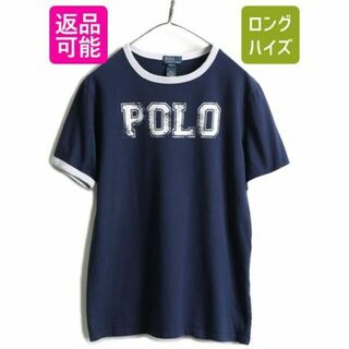 ラルフローレン(Ralph Lauren)のポロ ラルフローレン プリント 半袖 リンガー Tシャツ S 紺 灰 ロゴ 古着(Tシャツ/カットソー(半袖/袖なし))