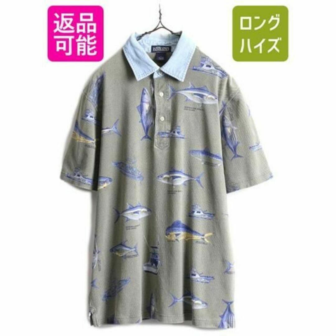 90s ランズエンド 鹿の子 半袖ポロシャツ L 魚 総柄 コットン 襟デニム39sLANDS