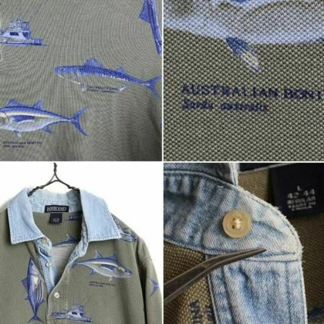 90s ランズエンド 鹿の子 半袖ポロシャツ L 魚 総柄 コットン 襟デニム メンズのトップス(ポロシャツ)の商品写真