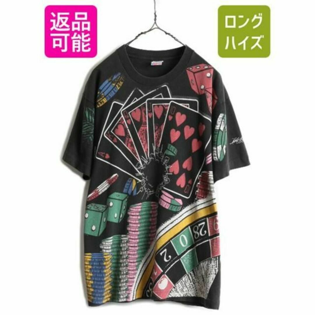 90s カジノ 染込み オールオーバー プリント Tシャツ L 企業 アート 黒