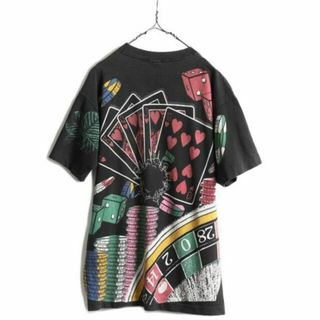 90s カジノ 染込み オールオーバー プリント Tシャツ L 企業 アート 黒