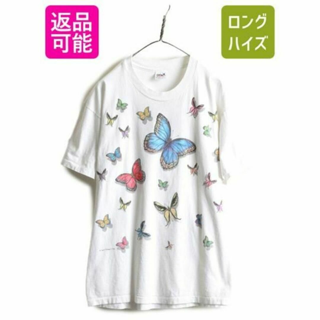 90s USA製 虫 蝶 両面 大判 プリント 半袖 Tシャツ L 白 アートメンズ