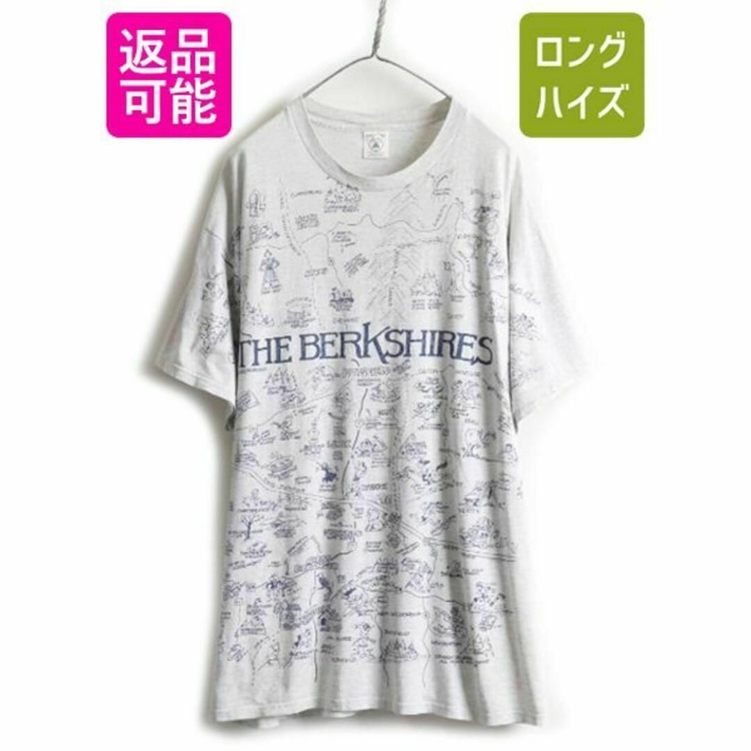 90s 地図 オールオーバー プリント Tシャツ XL 灰 アート 総柄 当時物メンズ