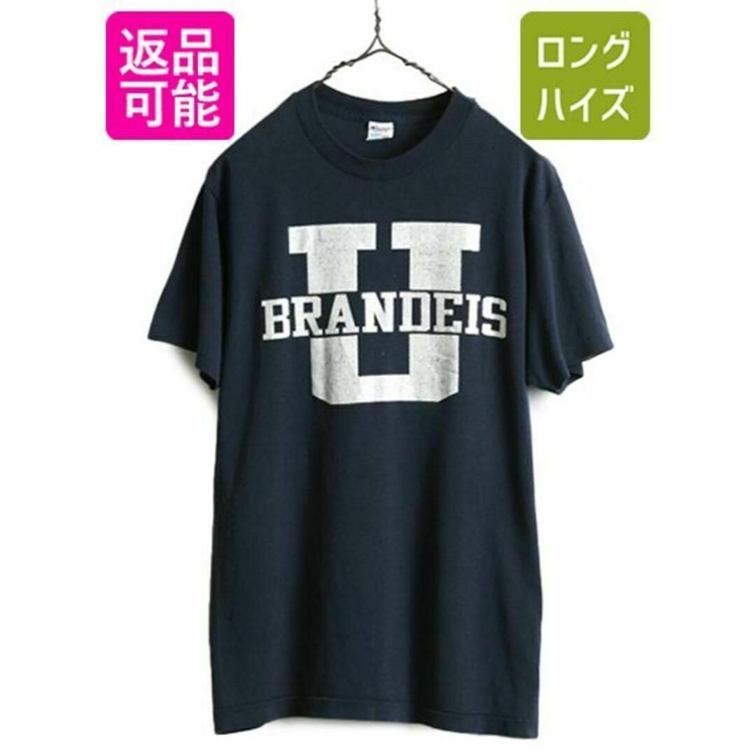 トップス80s USA製 チャンピオン カレッジ プリント Tシャツ S M 紺 トリコ