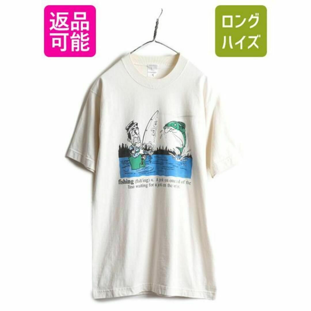 Tシャツ/カットソー(半袖/袖なし)90s USA製 フィッシング イラスト プリント 半袖 Tシャツ L ジョーク