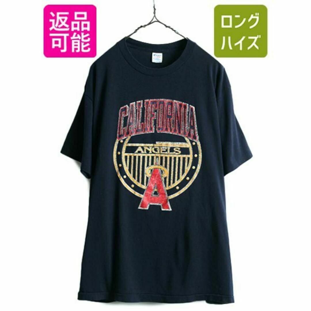 80s USA製 チャンピオン MLB エンゼルス プリント Tシャツ XL 紺