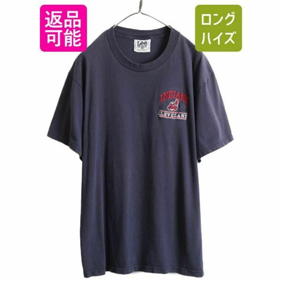 90s MLB オフィシャル インディアンス 刺繍 Tシャツ L 紺 大リーグ