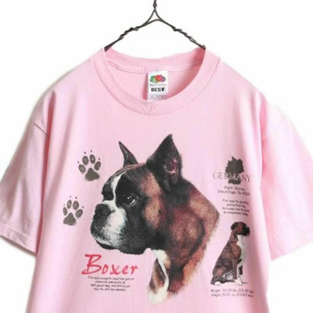 90s 00s アニマル ボクサー 犬 プリント Tシャツ M ピンク イラスト 2