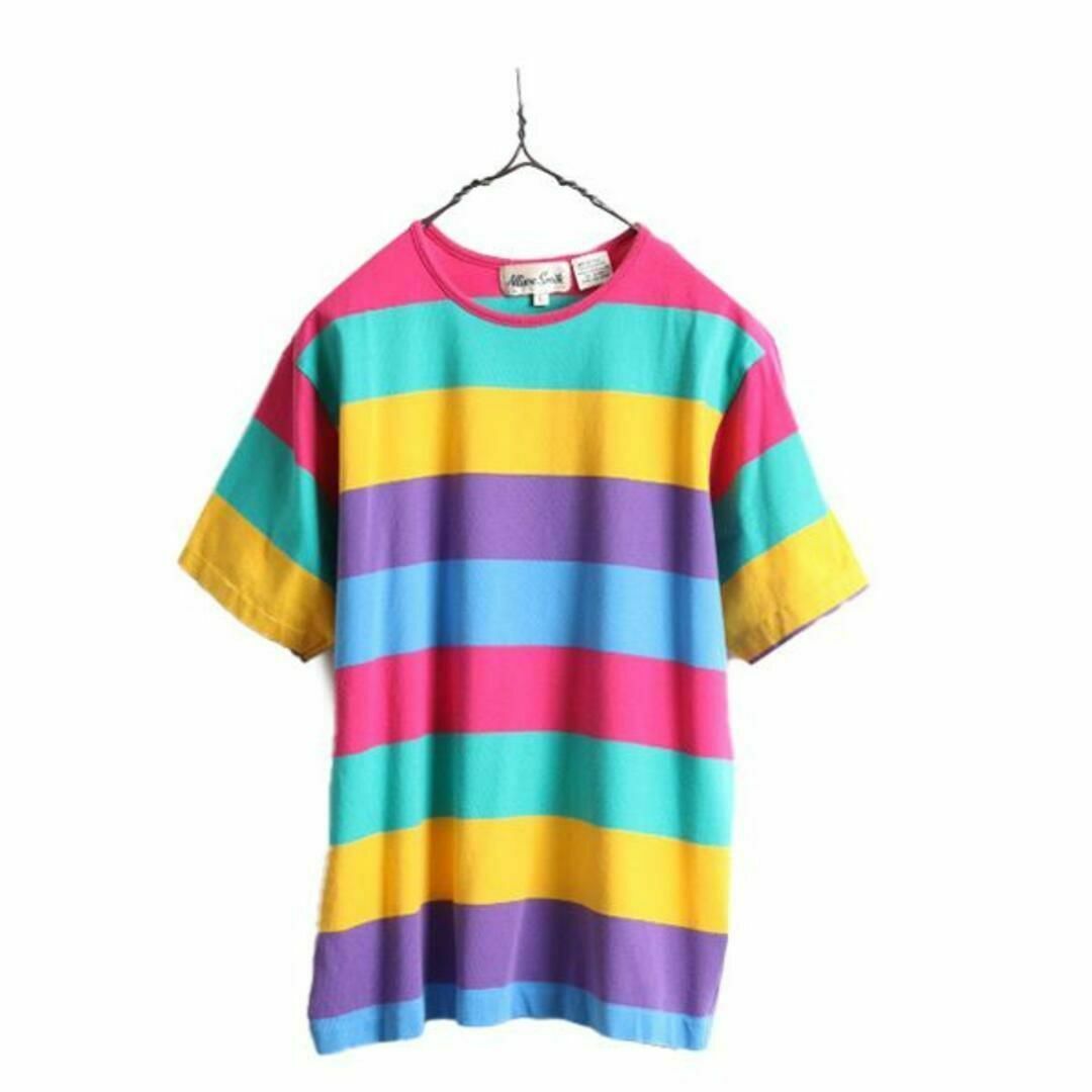 80s 90s ワイド ボーダー Tシャツ L シングルステッチ マルチカラー レディースのトップス(Tシャツ(半袖/袖なし))の商品写真