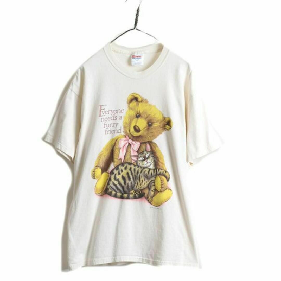 トップス90s ネコ テディベア アート イラスト プリント Tシャツ L ナチュラル