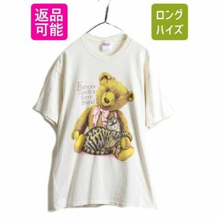 トップス90s ネコ テディベア アート イラスト プリント Tシャツ L ナチュラル