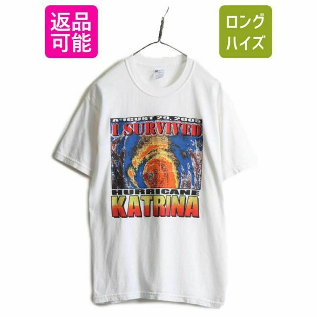 00s ハリケーン カトリーナ プリント Tシャツ M アート イラスト 白Tシャツ/カットソー(半袖/袖なし)