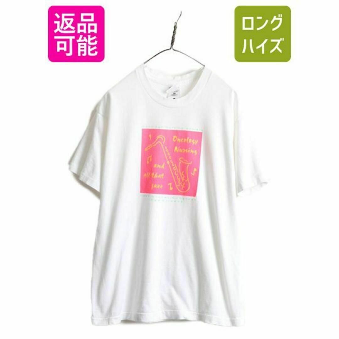 メンズ90s USA製 オールド ジャズ アート イラスト プリント Tシャツ L 白