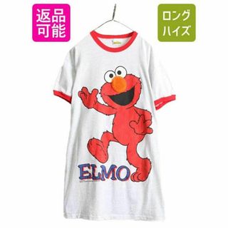 90s エルモ 大判 プリント 半袖 リンガー Tシャツ XL セサミストリート(Tシャツ/カットソー(七分/長袖))