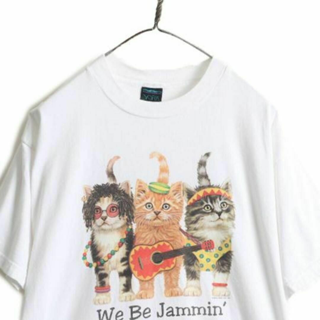 90s キャット イラスト 両面 プリント Tシャツ L アート アニマル 白の