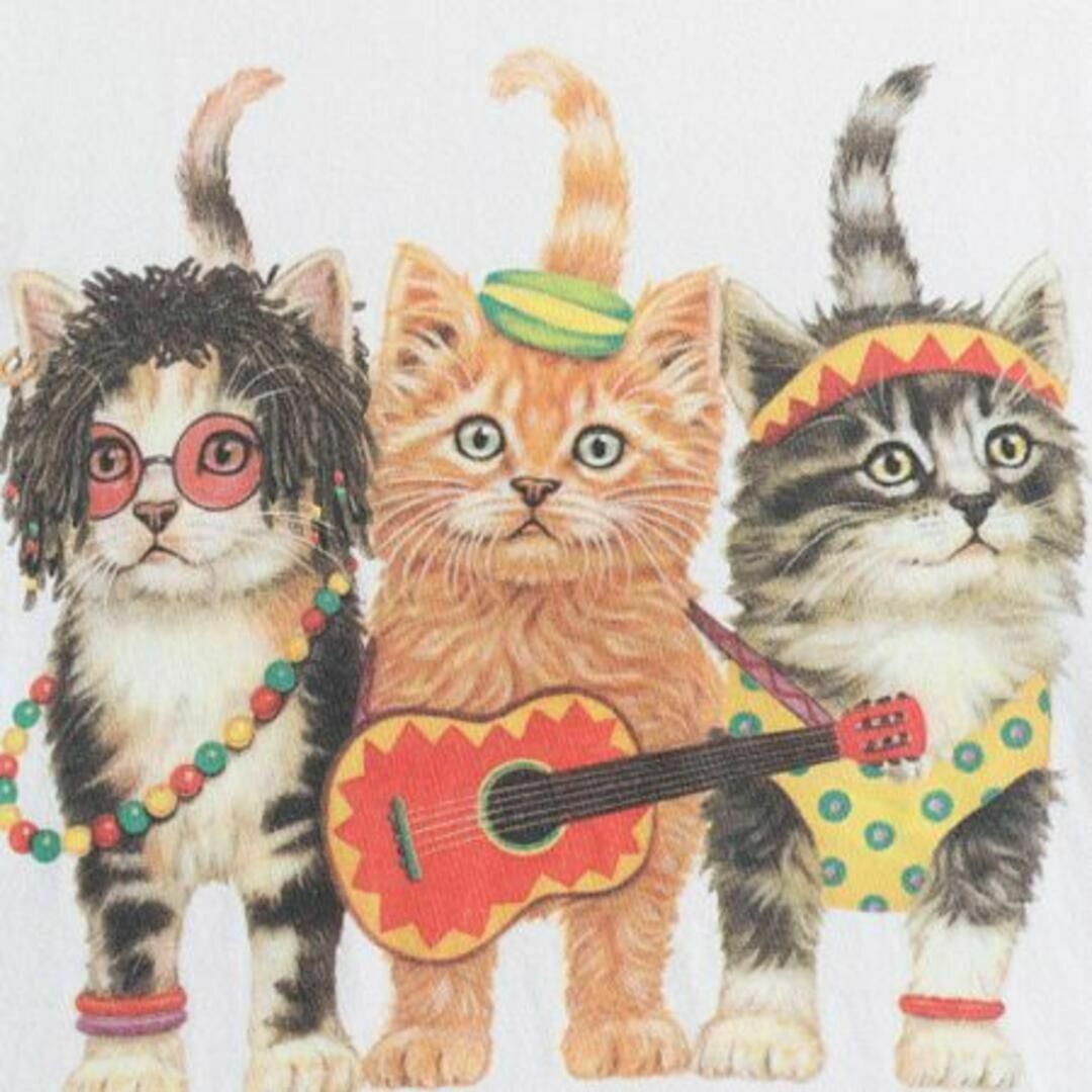 90s キャット イラスト 両面 プリント Tシャツ L アート アニマル 白の
