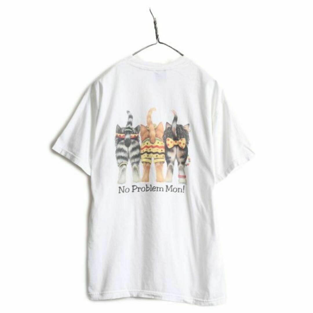 90s キャット イラスト 両面 プリント Tシャツ L アート アニマル 白の