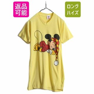 80s ディズニー オフィシャル ミッキー プリント Tシャツ ワンピ S 黄(Tシャツ(半袖/袖なし))