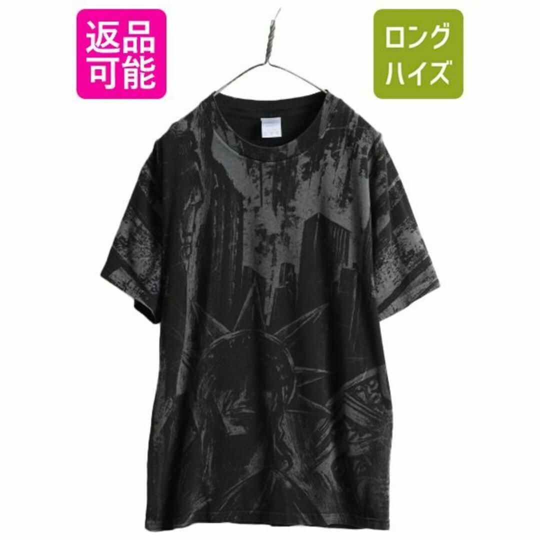 トップス00s 自由の女神 オーバープリント Tシャツ L 大判 アート イラスト 黒