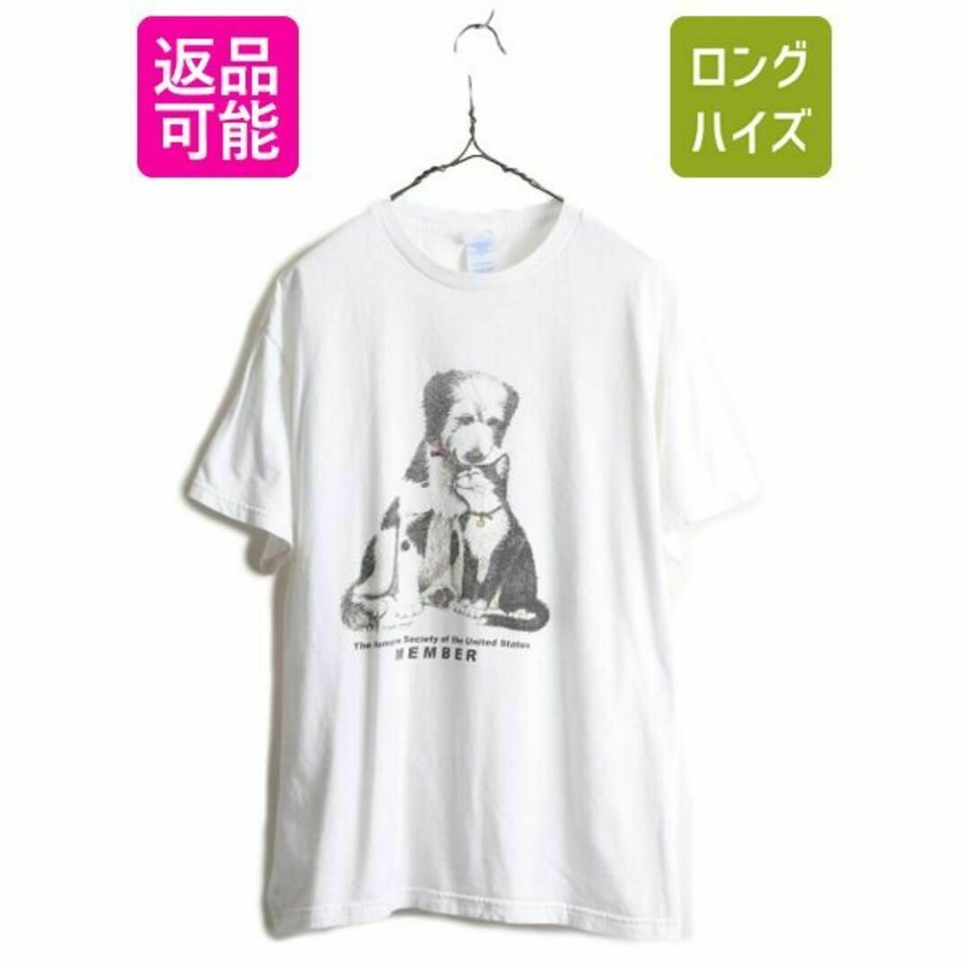 00s アニマル アート イラスト プリント Tシャツ L オールド 犬 猫 白メンズ