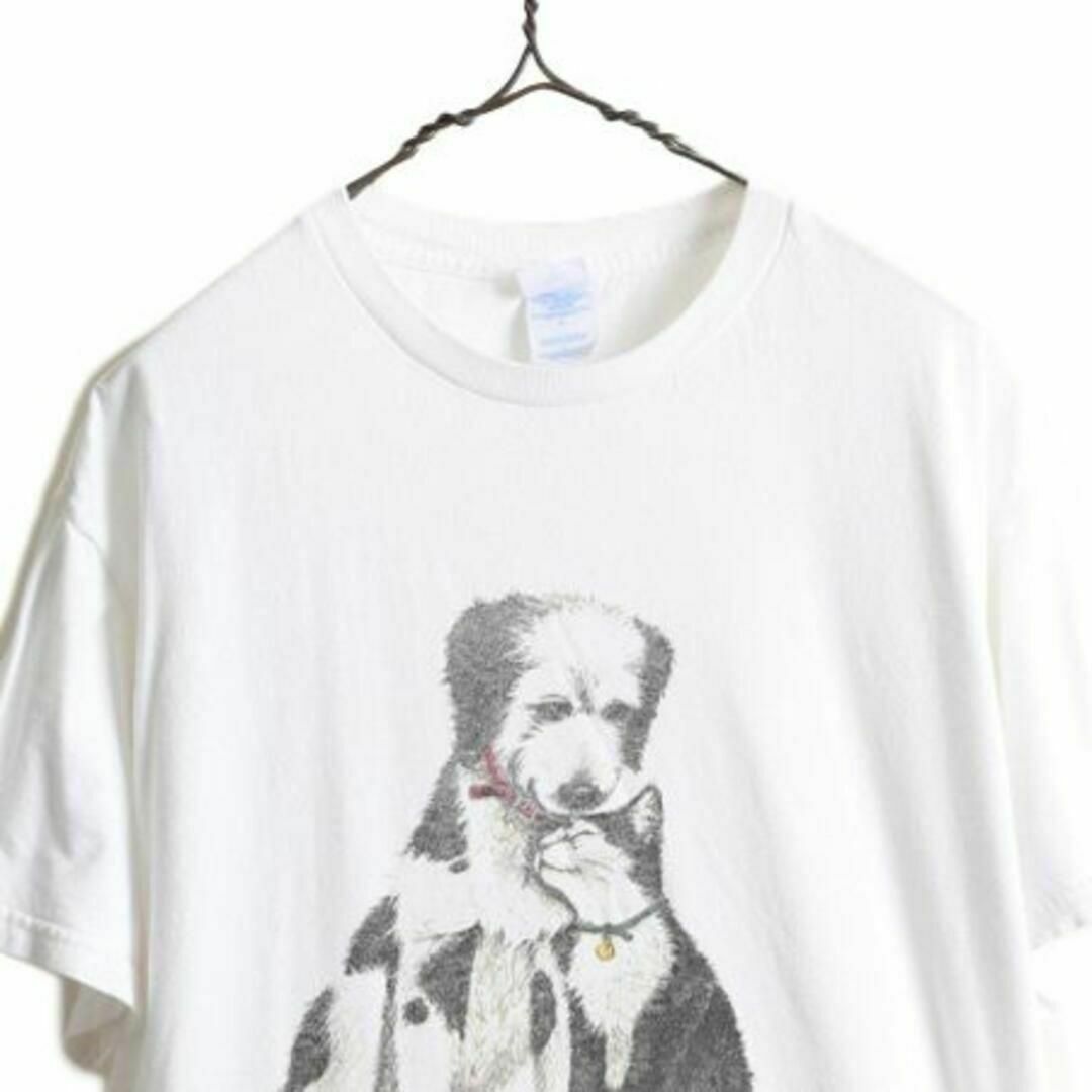 00s アニマル アート イラスト プリント Tシャツ L オールド 犬 猫 白