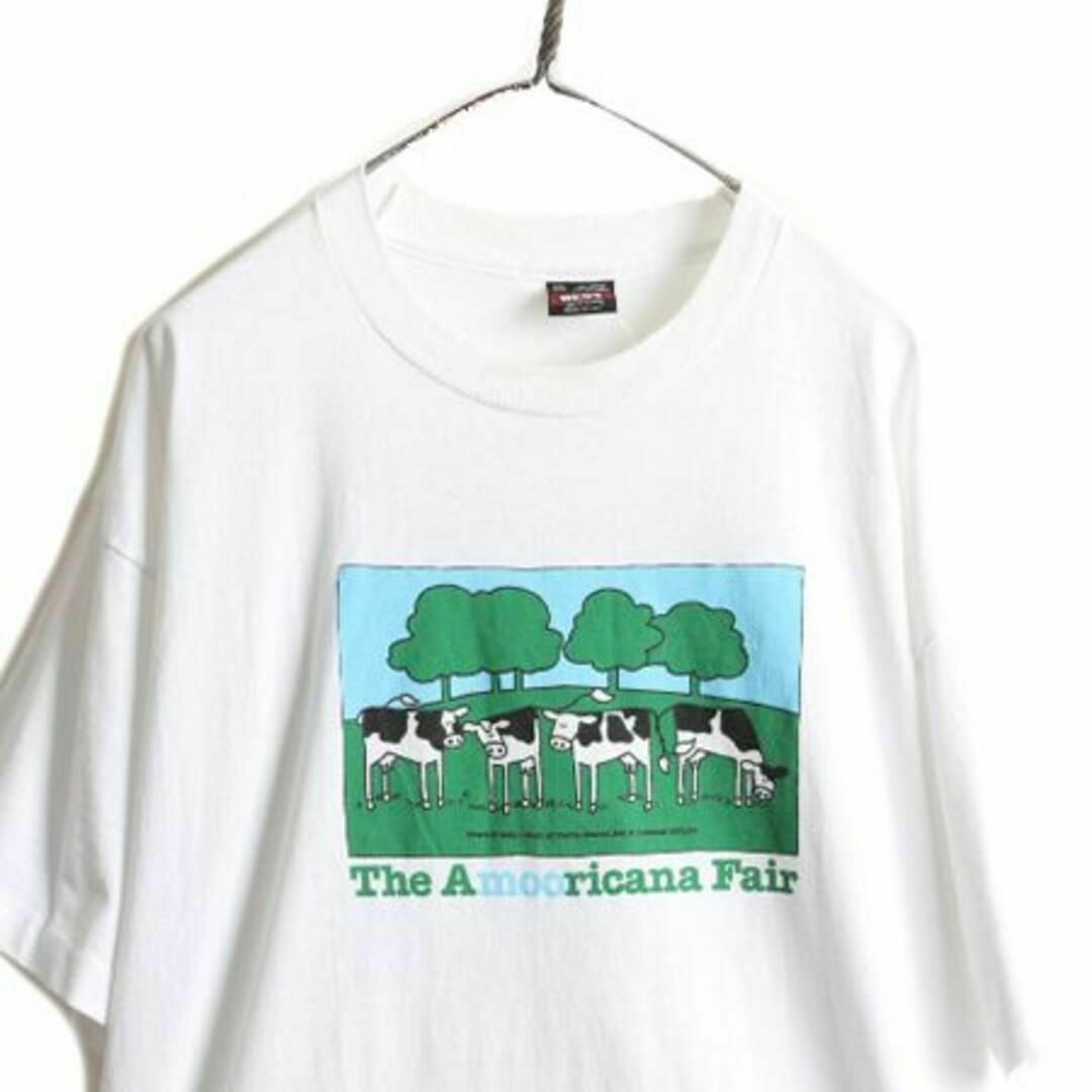 90s USA製 ウシ アート イラスト プリントTシャツ 2XL 白 アニマル