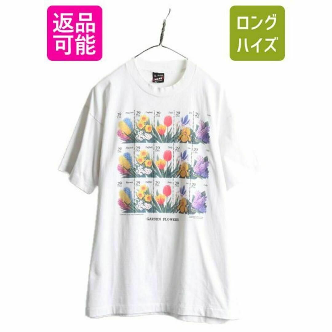 90s USA製 花 切手 アートプリント Tシャツ フラワー グラフィック 白