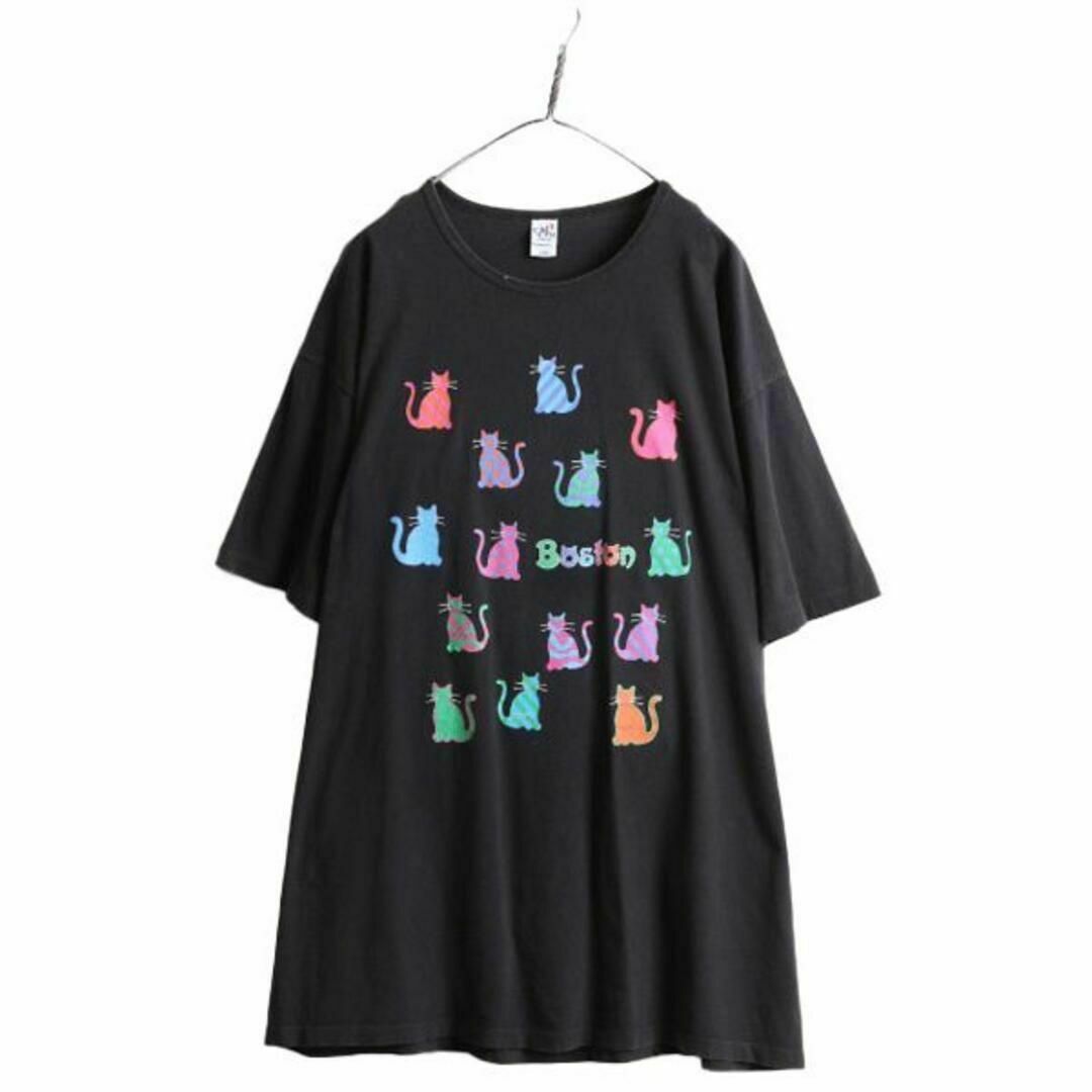 USA製 ネコ アート イラスト プリント Tシャツ XXL アニマル 黒 レディースのトップス(Tシャツ(半袖/袖なし))の商品写真