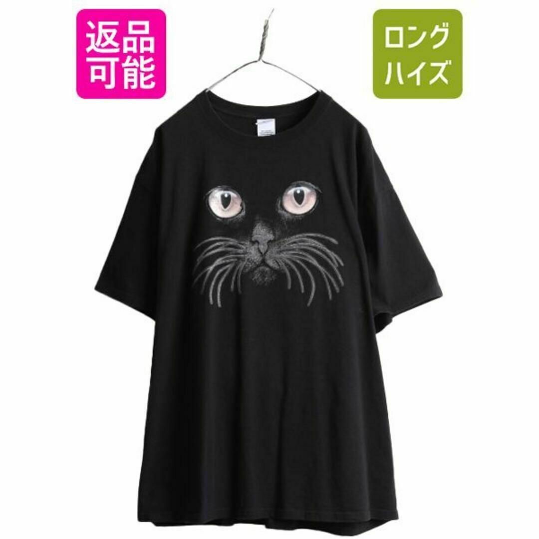 00s ネコ イラスト プリント Tシャツ XXL 黒 アニマル アート 黒猫