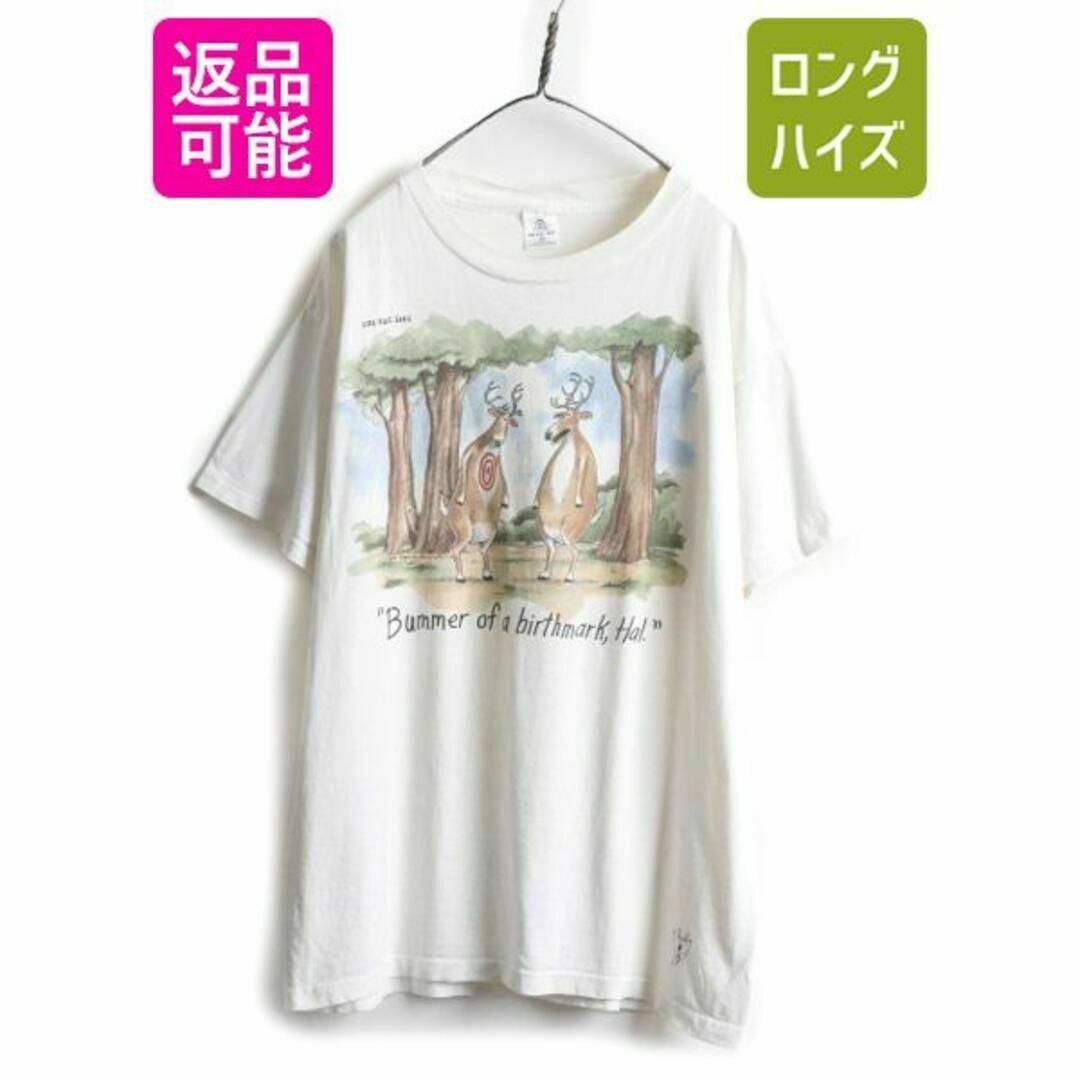 メンズ80s USA製 ジョーク イラスト プリントTシャツ XL 白 アート 当時物