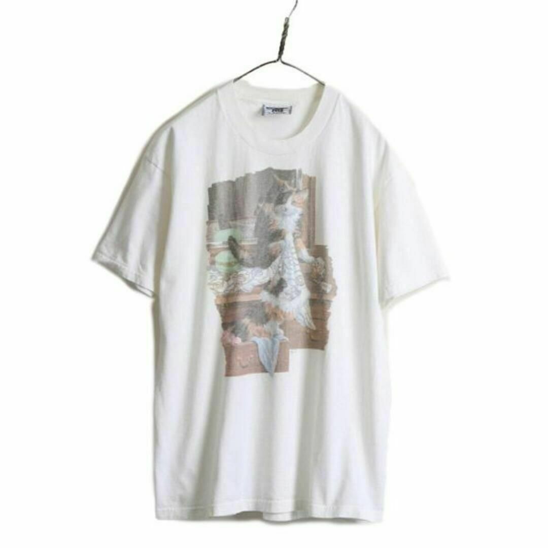 90s アニマル ネコ プリント Tシャツ M 白 アート イラスト オールド