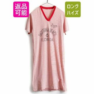 70s 80s ビンテージ Vネック ボーダー プリント Tシャツ ワンピース(ひざ丈ワンピース)