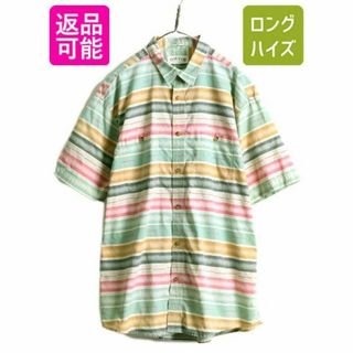 90s オービス ネイティブ ボーダー コットン 半袖 シャツ XL オールド(シャツ)