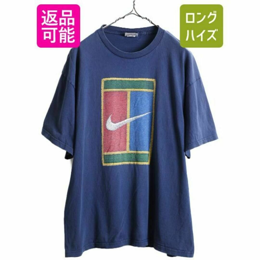 90s オールド ナイキ テニス スウッシュ ロゴ プリント Tシャツ L 紺