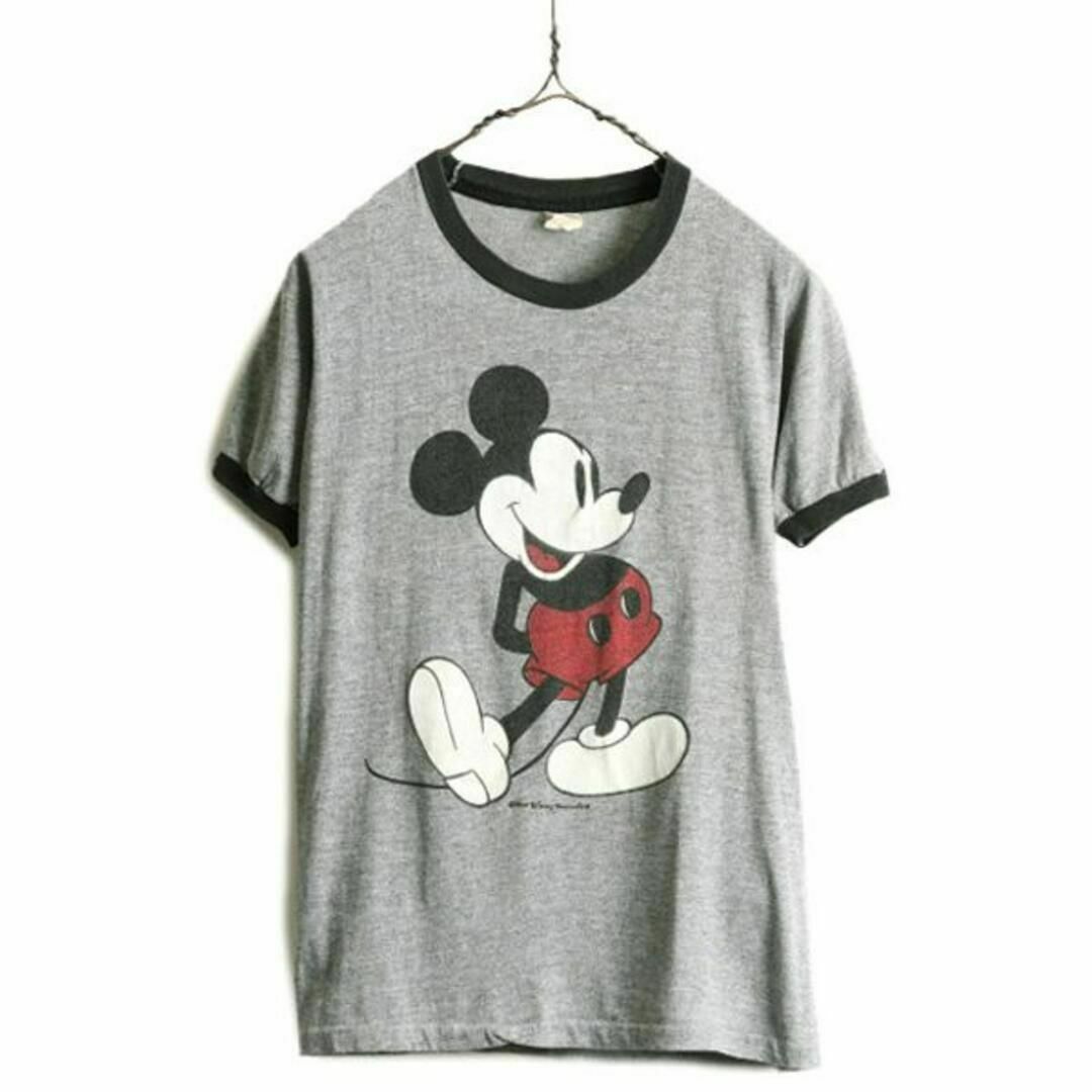 70s USA製 ミッキー 染み込み プリント 半袖 リンガーTシャツ S 70s USA製 ミッキー 染み込み プリント 半袖 リンガーTシャツ S