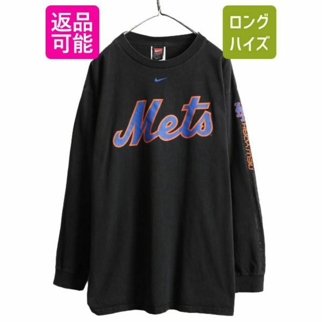 00s ナイキ MLB オフィシャル メッツ プリント 長袖 Tシャツ L 黒Tシャツ/カットソー(七分/長袖)