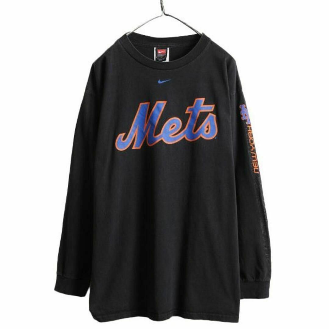 00s ナイキ MLB オフィシャル メッツ プリント 長袖 Tシャツ L 黒Tシャツ/カットソー(七分/長袖)