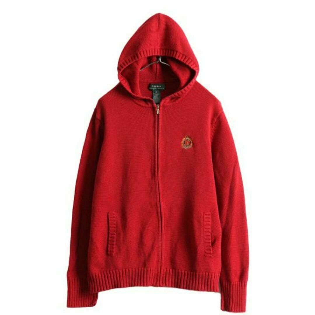 Ralph Lauren(ラルフローレン)の90s ラルフローレン フルジップ コットン ニット パーカー XL 赤 フード レディースのトップス(パーカー)の商品写真