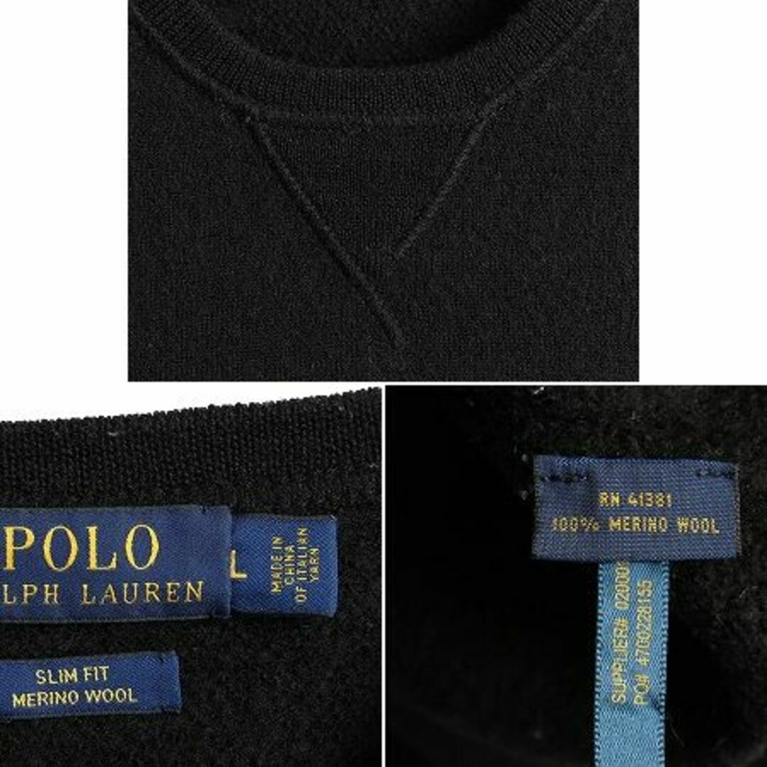 Ralph Lauren(ラルフローレン)のポロ ラルフローレン 前V メリノ ウール ニットセーター L 黒 ワンポイント レディースのトップス(ニット/セーター)の商品写真