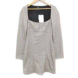 ザラ(ZARA)のザラ ワンピース ひざ丈 長袖 スクエアネック 切替 総柄 XS 黒 ブラウン(ひざ丈ワンピース)