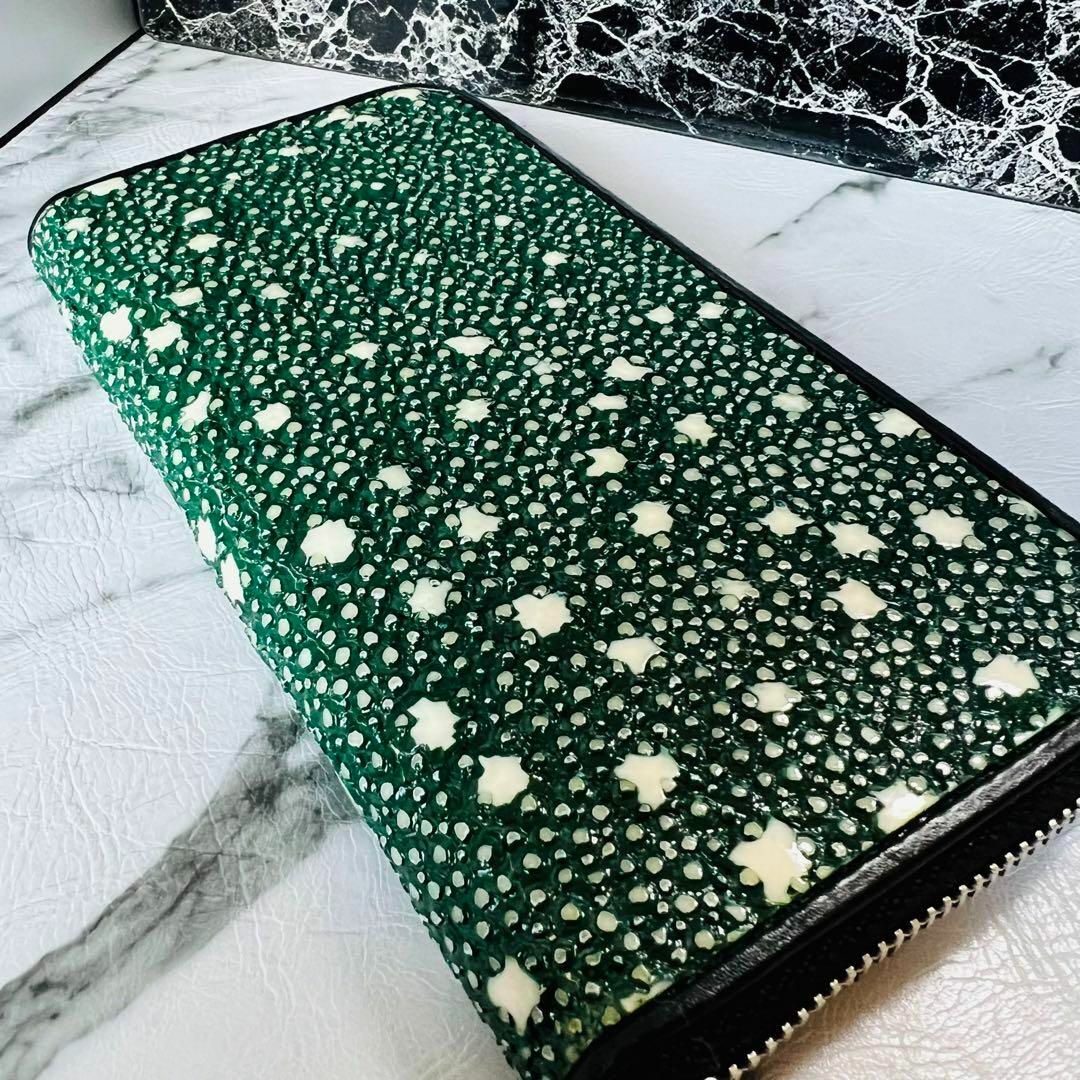 新品 スタースティングレイ長財布 メンズ エイ革 グリーン 本革