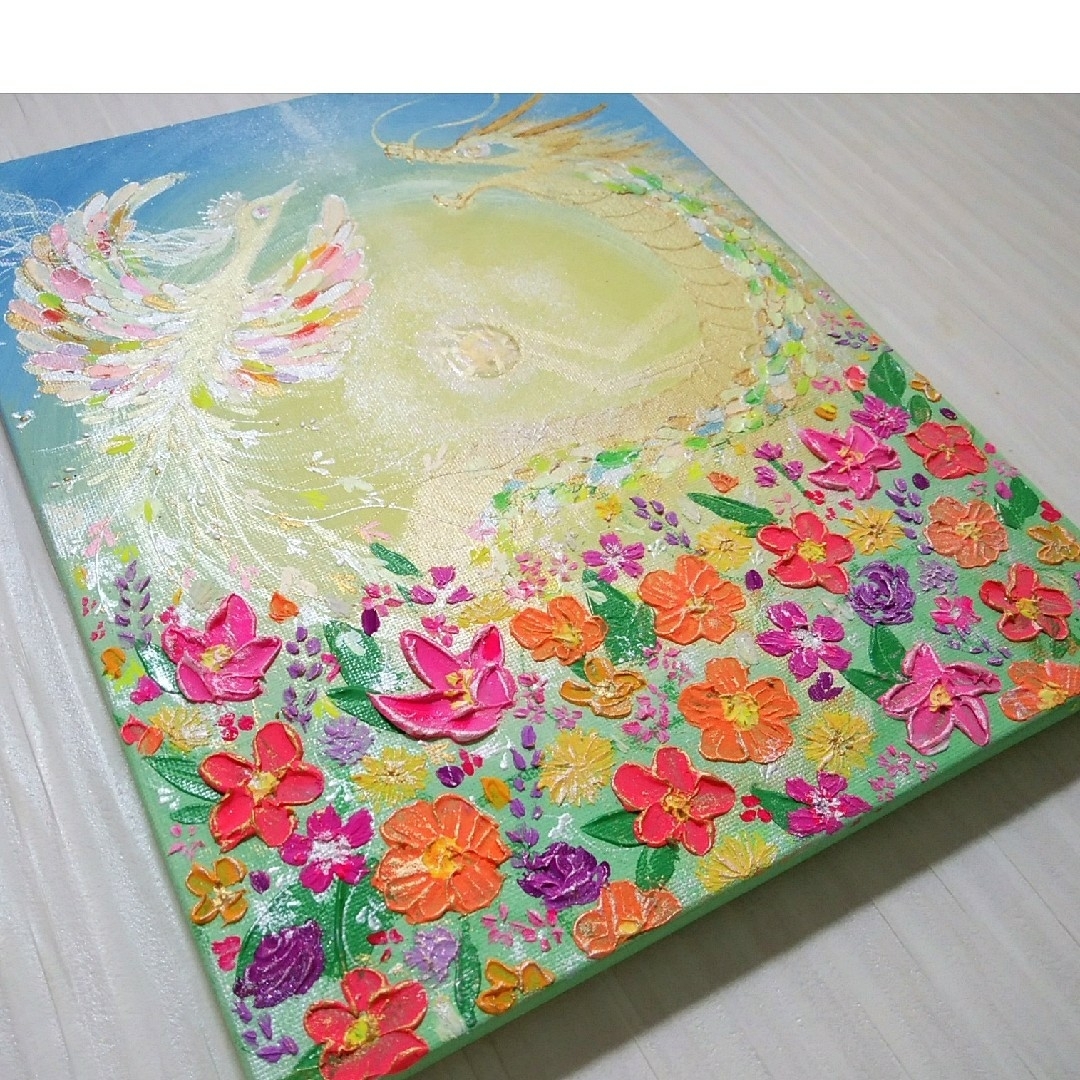 風水開運絵画＊幸せ満開輝く未来～龍と鳳凰～如意宝珠　金運　子宝　恋愛家庭運　青空