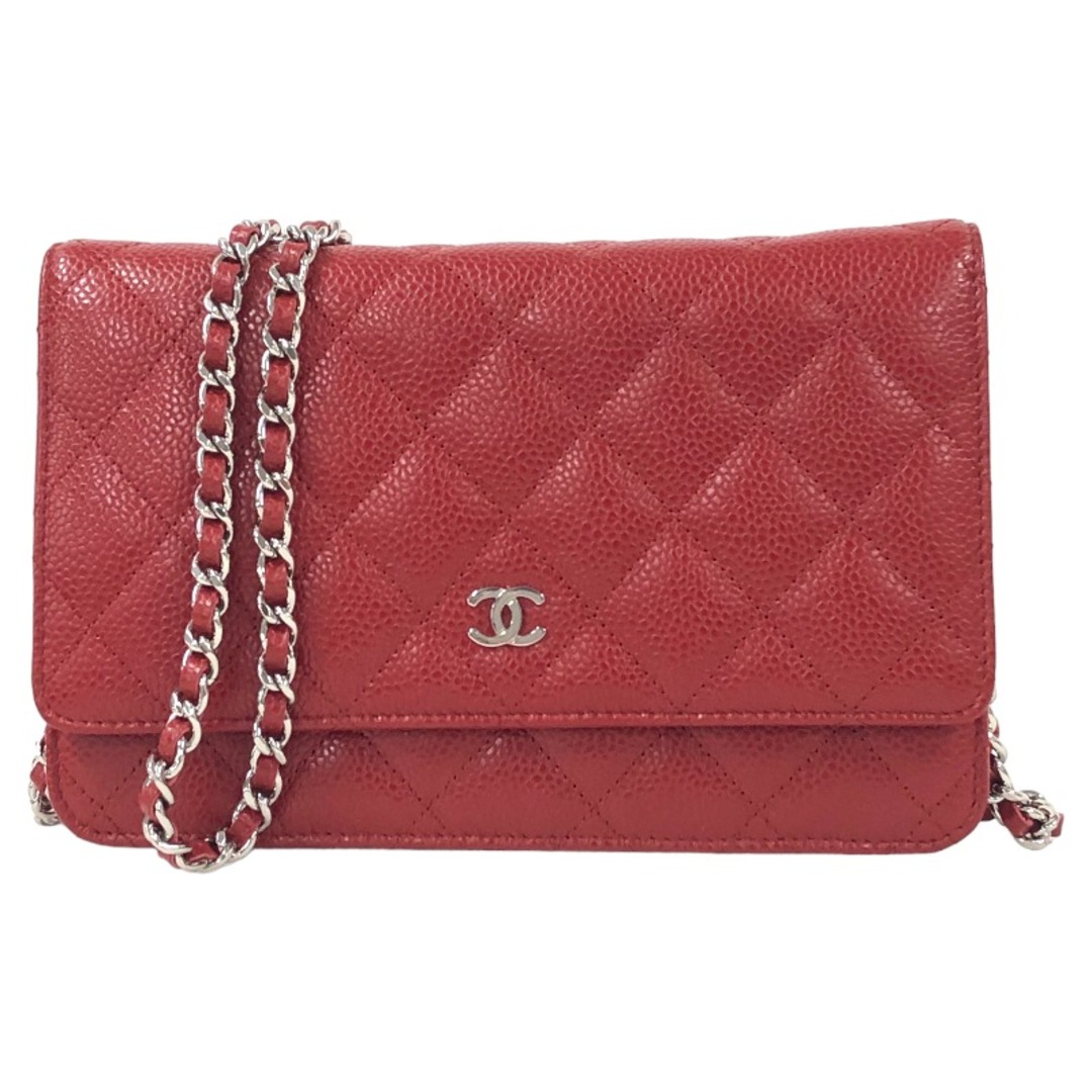 シャネル CHANEL チェーンウォレット A33814 21番台 レッド シルバー金具 キャビアスキン レディース ショルダーバッグ