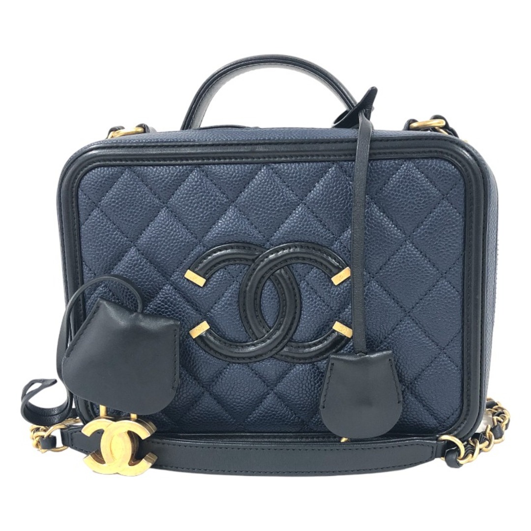 シャネル CHANEL CCフィリグリーヴァニティバック A93343 26番台 ネイビー ゴールド金具  キャビアスキン レディース ショルダーバッグダブルファスナー内側